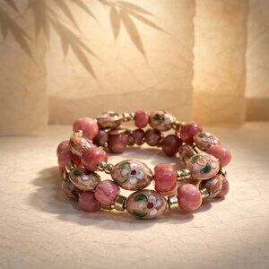Rhodonite Beads with Painted Floral Ceramic Beads and Gold Spacers - New